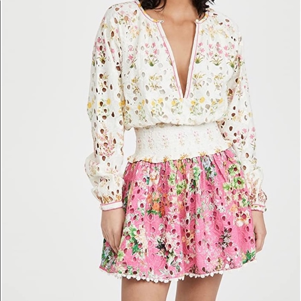 NWT Hemant & Nandita Miyu Pink and White Floral Eyelet Mini Dress Minidress